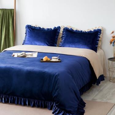 Imagem de GLORY SEASON Conjunto de capa de edredom de veludo, retrô, babados, acabamento luxuoso, sólido, azul marinho, vintage, conjunto de cama com capa de edredom vintage, fronhas combinando para decoração