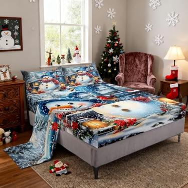 Imagem de Jogo de lençol casal com boneco de neve fofo de Natal, aventura, caminhão, carro, crianças, adolescentes, adultos, casa de fazenda, moderno, 4 peças (elástico + lençol + 2 fronhas)