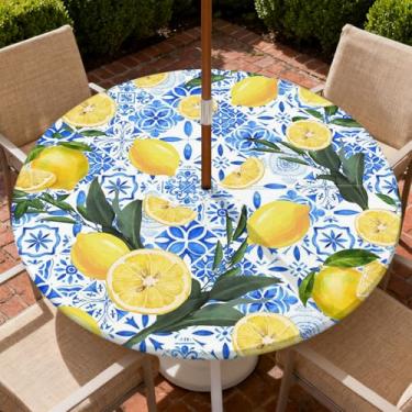 Imagem de COTAIL Toalha de mesa redonda para uso ao ar livre com zíper e orifício para guarda-chuva, toalha de mesa elástica à prova d'água a óleo para pátio, piquenique, acampamento, jardim, serve para mesa