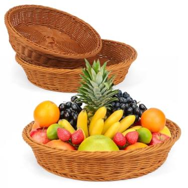 Imagem de Cesta redonda de vime, pacote com 3 cestas de comida de vime, cesta de pão de vime para frutas, legumes, café da manhã, bebidas, lanches, mesa de centro de jantar, 39 cm, 39 cm (marrom)