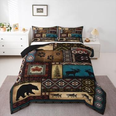 Imagem de Erosebridal Conjunto de edredom rústico de tamanho casal, para crianças, meninos, meninas, urso, cervo, caça, asteca do sudoeste, colcha boêmia tribal para decoração de quarto