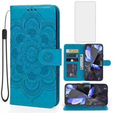 Imagem de Bohefo Capa para Pixel 10, capa carteira Pixel10 Pro com protetor de tela de vidro temperado, capa flip de couro mandala com suporte para cartão de crédito para Google Pixel10 Pro azul