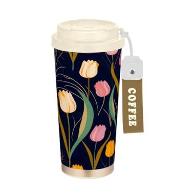 Imagem de Wassud Caneca de café de viagem com isolamento de tulipas coloridas à prova de vazamento com tampa e canudo garrafa de água de aço inoxidável para café quente/gelo, chá e cerveja