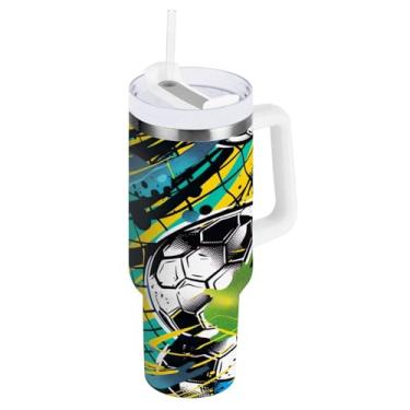 Imagem de Kigai Copo de futebol colorido de 850 g com tampa e canudo, copo isolado de aço inoxidável durável à prova de vazamento com alça, garrafas de água à prova de derramamento para viagens