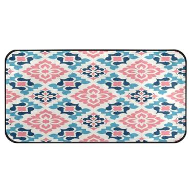 Imagem de Burbuja Tapete de cozinha com azulejos quadrifólios azuis rosa 51 x 99 cm, tapete antiderrapante lavável com suporte de borracha, tapete para cozinha, sala de estar, banheiro, decoração de casa