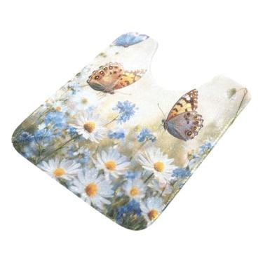 Imagem de Burbuja Tapete de banheiro com margaridas, tapete de banho absorvente de pelúcia macio, base de vaso sanitário antiderrapante para piso de banheiro, oval em forma de U