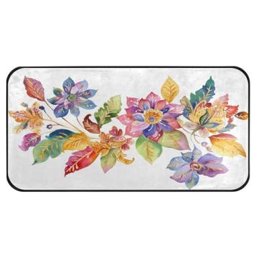 Imagem de Burbuja Tapete de cozinha floral colorido aquarela 51 x 99 cm, tapete lavável antiderrapante com suporte de borracha, tapete para cozinha, sala de estar, banheiro, decoração de casa