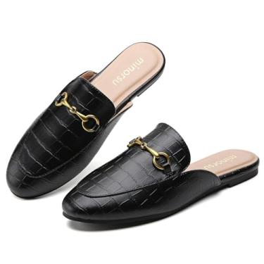 Imagem de Minorsu Mules femininos pretos com fivela com estampa animal – Palmilha de espuma viscoelástica – Salto baixo – Sapatos casuais, Pedra preta, 41