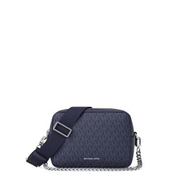Imagem de Michael Kors Bryant Bolsa transversal média com corrente de zíper duplo para câmera, ferragens prateadas/sarja revestida exclusiva/azul social