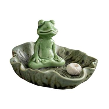 Imagem de Generic Incensário em forma de sapo fofo, porta-incenso de cerâmica, decoração, estátua de animal decorativa com bandeja em forma de folha de lótus para