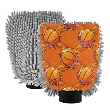 Imagem de STAYTOP Luvas de lavagem de carro de basquete com chama de desenho animado, 2 peças, luvas de microfibra de chenille, sem arranhões, panos de esponja de lavagem ultra absorventes para carros, limpeza