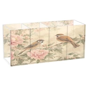 Imagem de Burbuja Porta-canetas de acrílico Birds on Branches, 4 compartimentos, suporte de lápis transparente para pincéis de maquiagem fixos, acessórios de mesa de escritório em casa