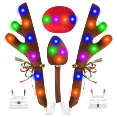 Imagem de Kit de decoração de carro com chifres de rena de Natal com luzes LED multicoloridas, topo e grade para decoração automotiva de Natal Rudolph Rena com nariz vermelho, cauda e jingle bel