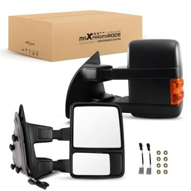 Imagem de maXpeedingrods Par de espelhos de reboque do lado do motorista e do passageiro para Ford F-250 F-350 Super Duty 1999-2007 com aquecimento elétrico manual telescópico e dobrável LED seta retrovisor