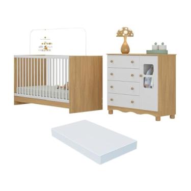 Imagem de Berço 3 em 1 com Colchão Incluso e Cômoda 1 Porta 4 Gavetas Luna Multimóveis Mp4754 Madeirado/branco