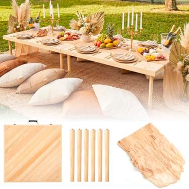 Imagem de Sintuff Mesa de piquenique dobrável Boho de madeira de 76 x 152 cm, corredor de mesa de praia baixo portátil de madeira de pinho para 6 a 8 pessoas, ambientes internos e externos, piquenique