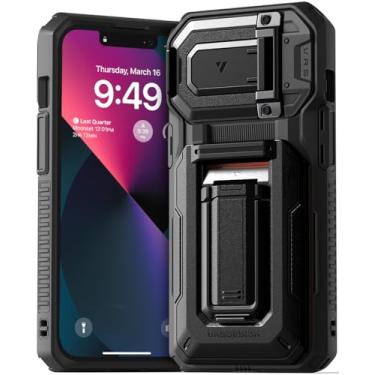 Imagem de VRS DESIGN Capa da série Origin para iPhone 15 (2023), iPhone 14 (2022), iPhone 13 (2021), porta-cartão carteira [3 cartões] capa semiautomática robusta para 3 cartões e suporte (preto)