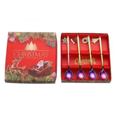Imagem de Conjunto de colheres de aço inoxidável de Natal Ins Style, 4 peças, pingente criativo de sobremesa, colher de café, conjunto de caixa de presente estilo americano para presente de Natal (prata/ouro
