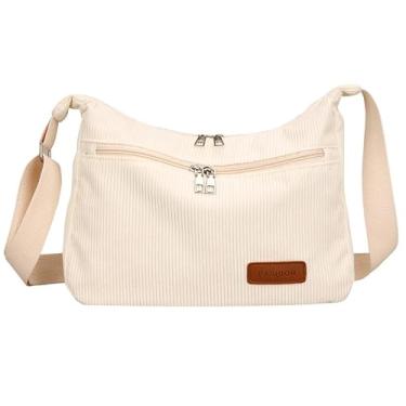 Imagem de Bolsa tiracolo de veludo cotelê, bolsa de ombro estilo vintage com tecido texturizado, bolsa feminina espaçosa, Branco, Medium, Mochila casual