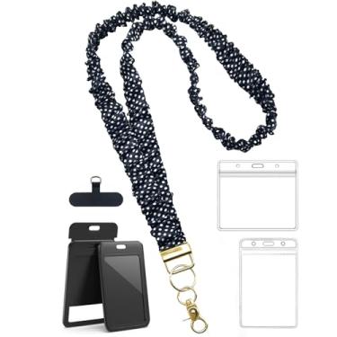 Imagem de Vxhinqy Cordão Scrunchie com suporte de identificação para crachás de identificação - Lindos cordões elásticos para professoras mulheres (ponto preto e branco)