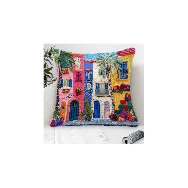 Imagem de 1 capa de almofada decorativa mediterrânea, estampa colorida vibrante, design europeu moderno de um lado para sala de estar sofá-cama, colorido