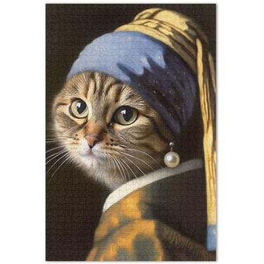 Imagem de Quebra-cabeças de gato gatinho com brinco de pérola para adultos 1000 peças engraçadas paisagem engraçado estampa de flores animais, 75 x 40 cm