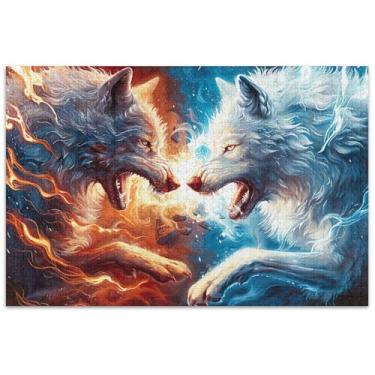 Imagem de Quebra-cabeça de dois lobos luta com fogo e chamas adultos 1000 peças arte flor quebra-cabeça rígido família elefante branco presentes