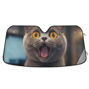 Imagem de Guarda-sol personalizado fofo gato cinza surpresa para para-brisa de carro acessórios de carro dobráveis universais persianas para-brisa frontal M, 139.7 cm x 70.1 cm