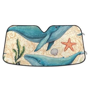Imagem de Guarda-sol personalizado baleias azuis estrela do mar para para-brisa bonito caminhão dobrável universal pára-brisas automotivo proteção contra pára-brisas M, 139,7 cm x 70,1 cm