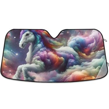 Imagem de Toldo de sol personalizado de nebulosa de unicórnio arco-íris para para-brisa de carro engraçado retrátil dobrável para para-brisa dianteiro estampa animal S, 134,6 cm x 59,7 cm