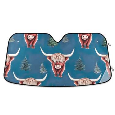 Imagem de Proteção solar personalizada azul para vacas highland árvores de Natal para para-brisa de carro bonito universal dobrável automotivo protetor solar M, 139.7 cm x 70.1 cm