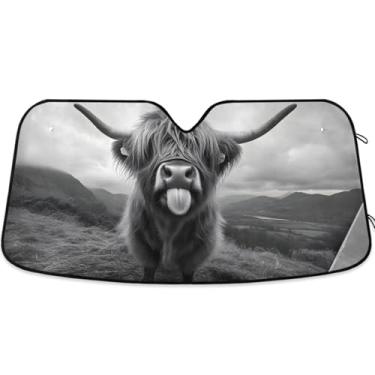 Imagem de Guarda-sol Highland Cow preto e branco para carro para-brisa personalizado dobrável caminhão carro persianas para janelas dianteiras protetor retrátil L, 144.8 cm x 80.0 cm