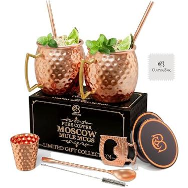 Imagem de Copper-Bar Canecas de cobre Moscow Mule | Conjunto de 2 copos martelados | 100% cobre sólido puro à mão | Conjunto de presente com canudos de coquetel | Copo de shot | Porta-copos | Agitador de cobre