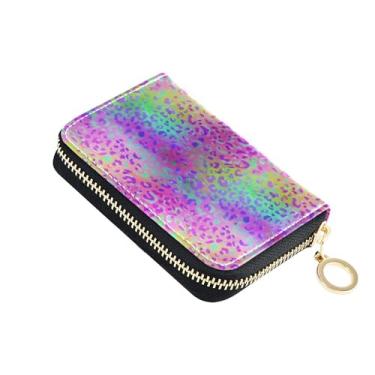 Imagem de Carteira feminina de couro pastel arco-íris com estampa de leopardo, porta-cartões, bloqueio de RFID, com zíper, porta-moedas com chaveiro
