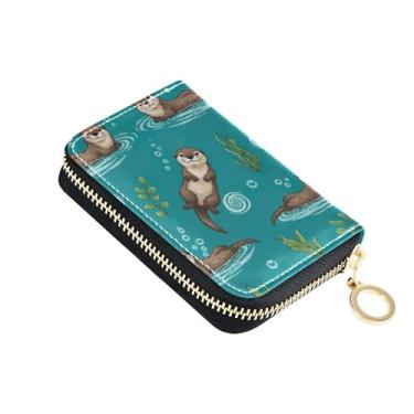 Imagem de Carteira feminina pequena com porta-cartões com bloqueio de RFID, couro com zíper, porta-chaves, lindas lontras de desenho animado, redemoinhos de água