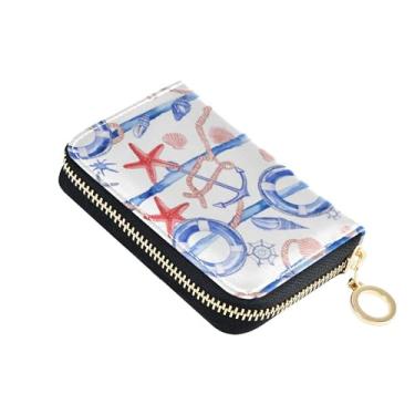 Imagem de Carteira feminina feminina de couro com porta-cartões com bloqueio de RFID, náutico, vermelho, estrela-do-mar, azul, bolsa de troca com chaveiro