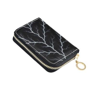 Imagem de Carteira feminina à prova de digitalização de couro com porta-cartões com bloqueio de RFID, ramificação branca, relâmpago, preta, porta-moedas, com zíper