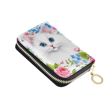 Imagem de Carteira feminina fofa gatinha branca pequena com porta-cartões com bloqueio de RFID com zíper e bolso para moedas