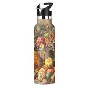 Imagem de Joisal Garrafa de água de abóboras de outono para meninos e crianças, garrafa de água de aço inoxidável com vácuo de parede dupla, copos infantis isolados com tampa de canudo para bebidas quentes ou