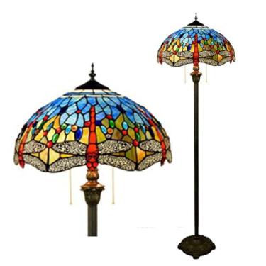 Imagem de Luminária de chão Tiffany com vitral, 40x40x162 cm, estilo Art Nouveau tradicional, com rosas, tulipas, glicínias, libélulas e flores de cerejeira. Luminária de canto antiga com haste.