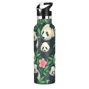 Imagem de Garrafas de água fofas gigantes Pandas Cubs Girls com tampa de palha, garrafa de água isolada de aço inoxidável, copos infantis à prova de vazamento de parede dupla à prova de vazamento para escola