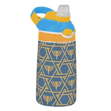 Imagem de Garrafa de água esportiva Tritan infantil de 473 ml com tampa de palha, garrafa de água reutilizável de 473 ml, copo de viagem infantil portátil à prova de vazamento, alça de transporte, estrela