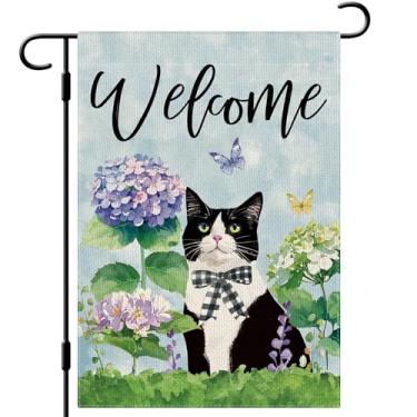 Imagem de DLZDN Welcome Spring Cat Bandeira de jardim floral 30,5 x 45,7 cm, dupla face, vertical, serapilheira, quintal, sinalização sazonal, decoração ao ar livre