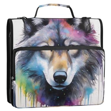 Imagem de Organizador de fichário engraçado com zíper, 3 anéis, 3 anéis, aquarela, lobo, vários bolsos, pasta grande para fichários escolares com alça de ombro