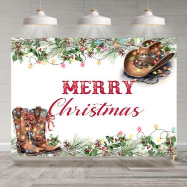 Imagem de Rsuuinu Feliz Natal, pano de fundo, botas de faroeste, folhas verdes, luzes coloridas, fundo fotográfico, decorações de festa de Natal, decoração de mesa de bolo, lembrancinhas, cabine fotográfica
