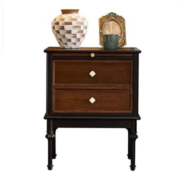 Imagem de KXPSWGE Mesa de cabeceira de meados do século para quarto, mesa de cabeceira com 2 gavetas e 4 pernas de madeira maciça, mesa de canto para quarto, puxadores de metal, design de coluna romana