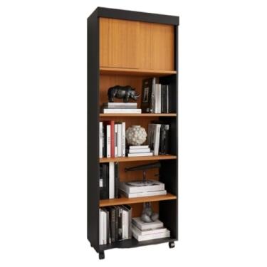 Imagem de Estante Com Portas E RodíZios Organizador Multifuncional Para SecretáRia ArmáRio Com Prateleiras(Preto/Cedro)