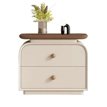 Imagem de KXPSWGE Mesa de cabeceira de madeira maciça com 2 gavetas, mesa lateral prática para cama/mesa de cabeceira, pequenas mesas de estar, cômoda natural para quarto, design de perfil curvo (E, 45 cm)