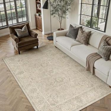 Imagem de HUGEAR Tapetes de área laváveis à máquina vintage bege - tapete neutro para sala de estar e quarto, antiderrapante, resistente a manchas, tapete estético para crianças e animais de estimação