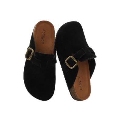 Imagem de XIANGLV Sandália feminina de camurça, de couro, confortável, de cortiça, com suporte de arco, Preto, 43